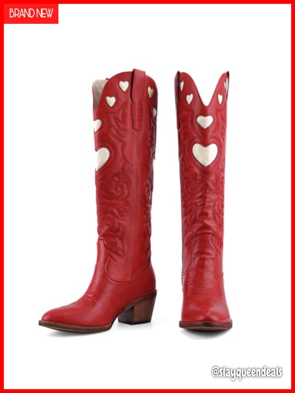 Women's Knee High Western Boots Heart Embroidery Faux Leather